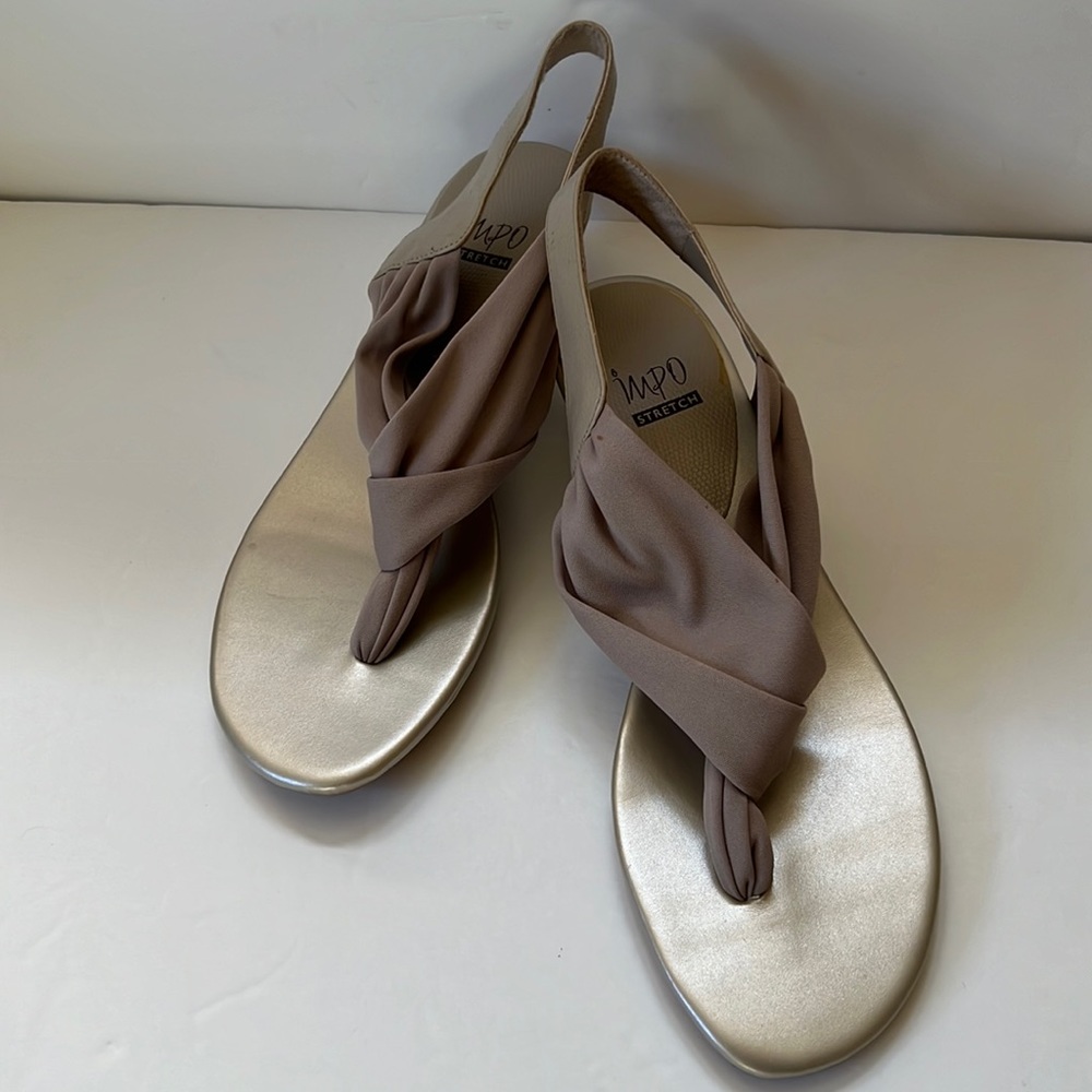 Impo Taupe Leather & Jersey Fabric Thong Wedge Strap Sandals